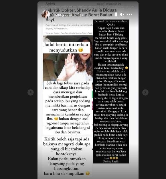 Shandy Aulia curhat di Instagram Story dan membantah mengajak ibu-ibu untuk abaikan berat badan bayi. [Instagram]