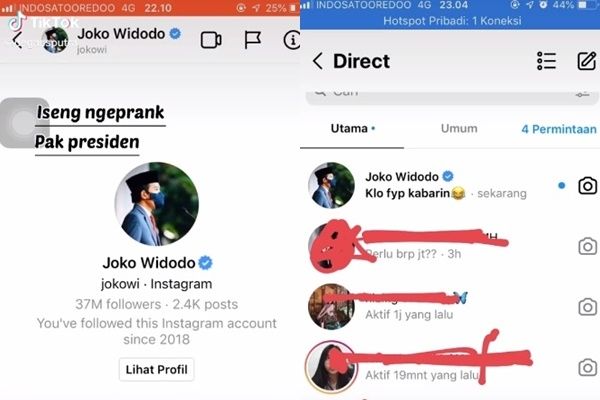 Viral Pengguna TikTok DM Instagram Jokowi. (TikTok/@@degassputra)