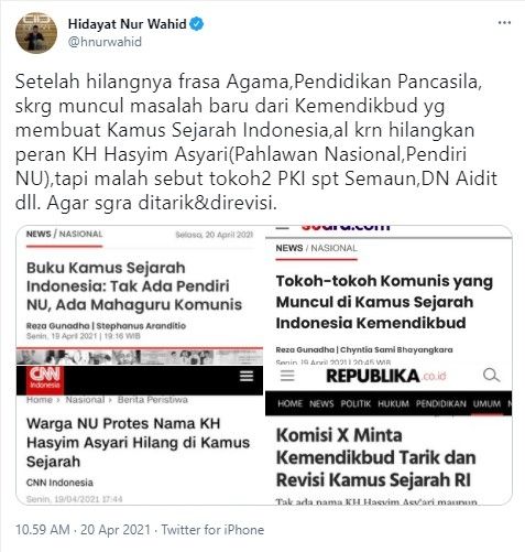 HNW minta Kamus Sejarah Indonesia Jilid I ditarik dan direvisi (Twitter/hnurwahid)