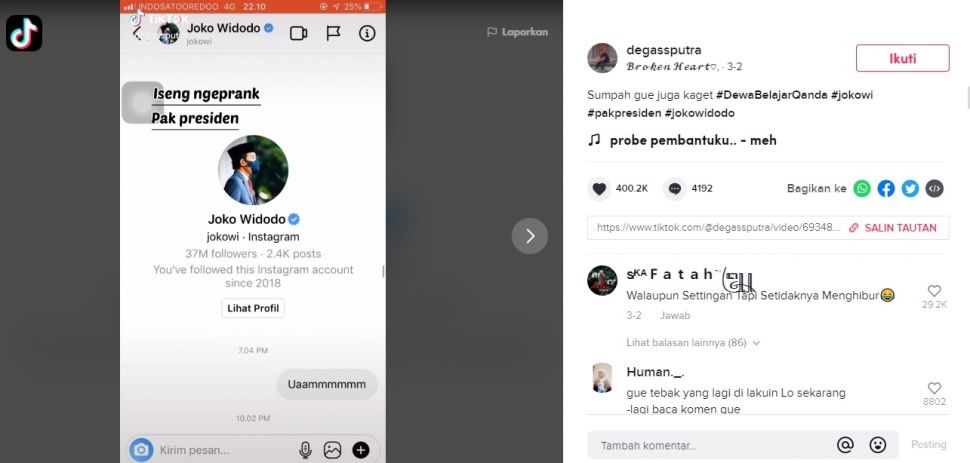 Viral Pengguna TikTok DM Instagram Jokowi. (TikTok/@@degassputra)