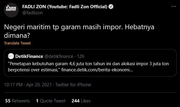 Cuitan Fadli Zon Soal Impor Garam. (Twitter/@fadlizon)