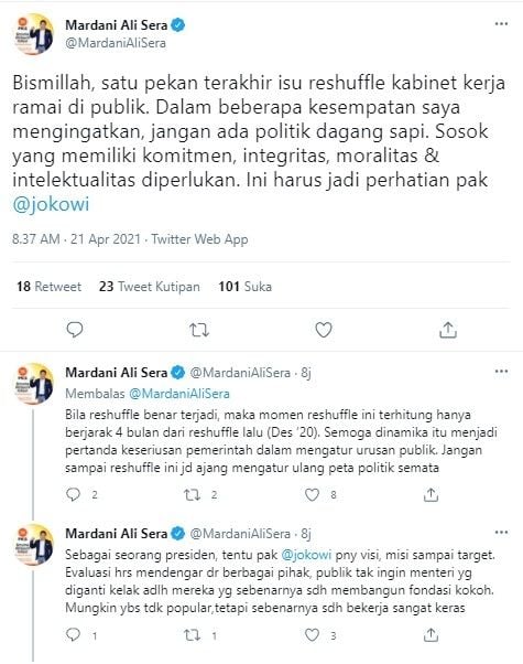 Komentar Mardani Ali soal isu reshuffle kabinet (Twitter/mardanialisera)