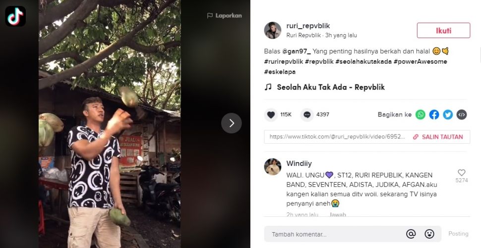 Viral Ruri Repvblik Banting Setir Jualan Es Kelapa. (TikTok/@ruri_repvblik)