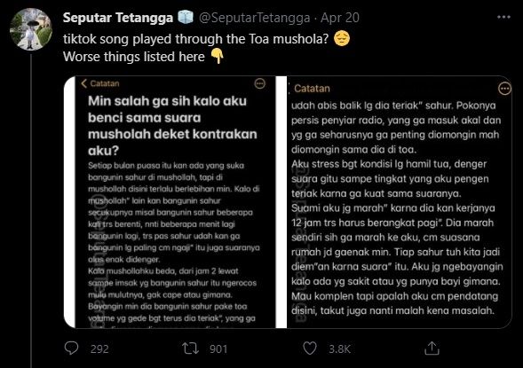 Viral Wanita Protes Suara Sahur Toa Masjid Pakai TikTok. (Twitter/@SeputarTetangga)