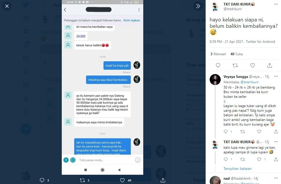 Olshop diamuk pembeli gegara uang kembalian COD dibawa kabur kurir (Twitter/txtdrikurir)