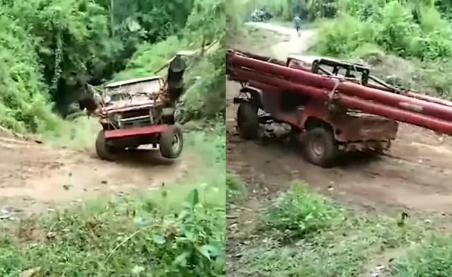 Toyota Land Cruiser jadi mobil angkut tiang listrik untuk melewati hutan. (Youtube/ucchy 501)