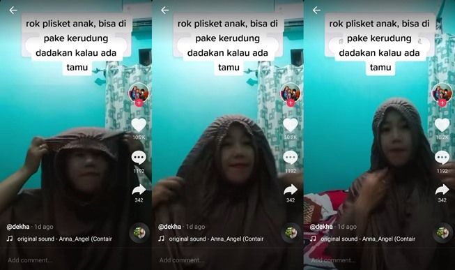 Viral ibu ubah rok plisket jadi jilbab dadakan. (TikTok/@khataru)