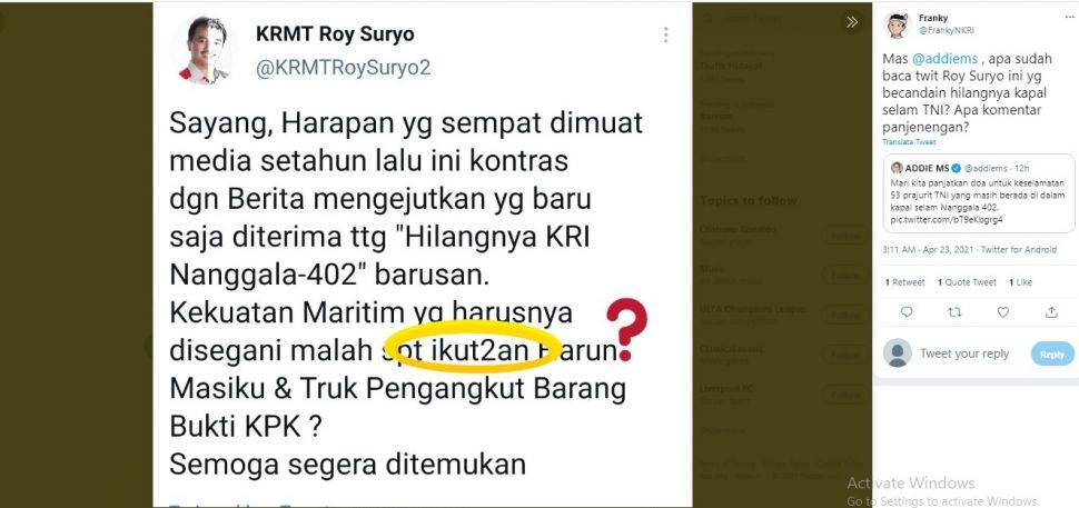 Tangkapan layar diduga cuitan Roy Suryo.[Twitter/@FrankyNKRI]