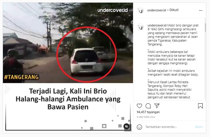 Viral mobil dituding menghalangi jalan ambulans (Instagram/undercover.id).