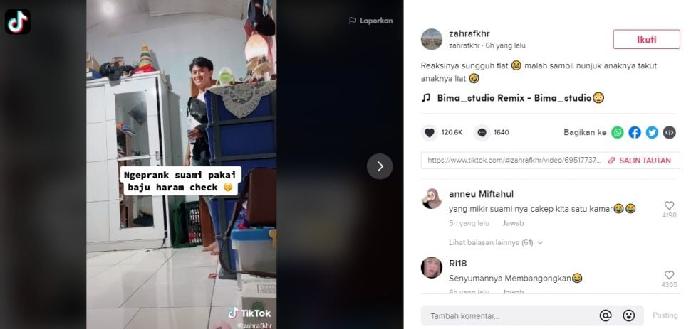 Viral Suami Pulang Disambut Istri Pakai Baju Haram. (TikTok/@zahrafkhr)