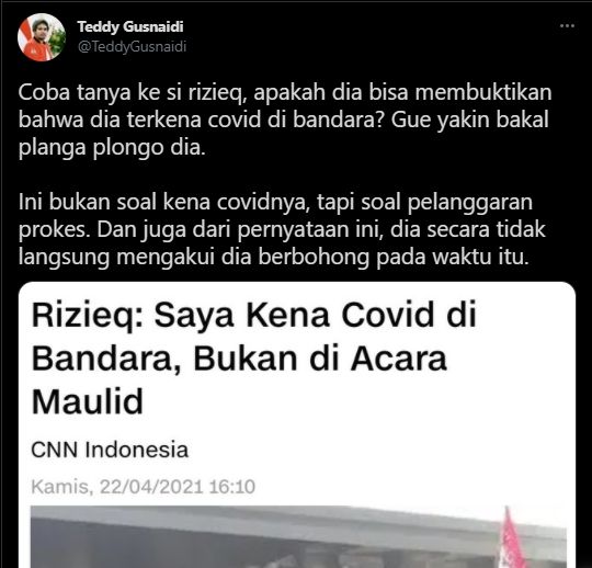 Teddy Gusnaidi tagih bukti HRS kena covid-19 di bandara. (Twitter/TeddyGusnaidi)