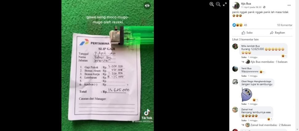 Viral Gaji Petugas Kebersihan Pertamina Rp13 Juta. (Facebook/Ajis Bua)