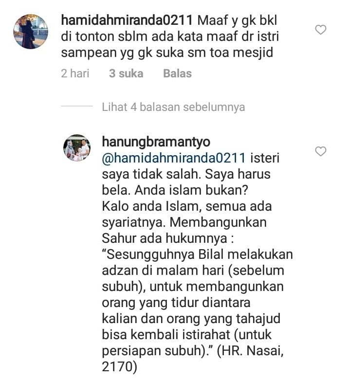 Hanung Bramantyo membalas komentar warganet soal pernyataan Zaskia Adya Mecca yang protes membangunkan sahur dengan toa masjid sambil teriak. [Instagram]