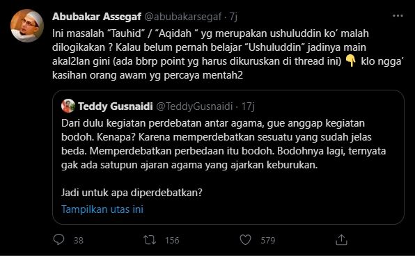 Komentar Habib Abubakar Assegaf soal cuitan Teddy Gusnaidi (Twitter).