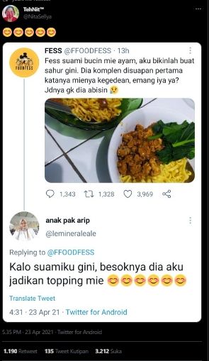 Viral Kisah Suami Komplain Mi Ayam Buatan Istri, Respons Wanita Ini Disorot. (Twitter/@Nitasellya)