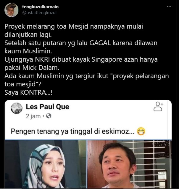 Cuitan Tengku Zul soal pemakaian toa masjid yang tengah menjadi polemik (Twitter).