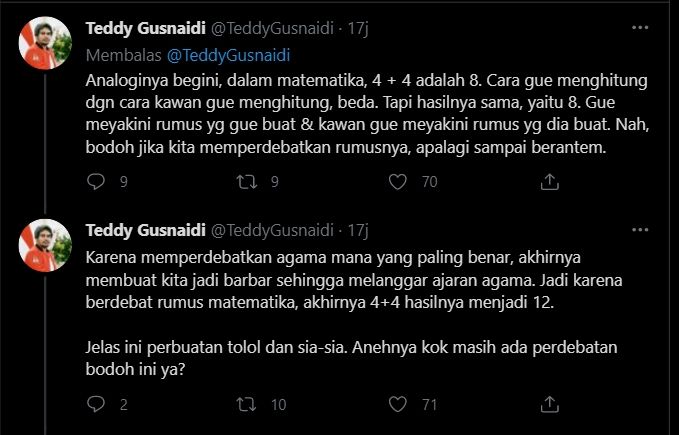 Potongan utas Teddy Gusnaidi soal memperdebatkan agama (Twitter).