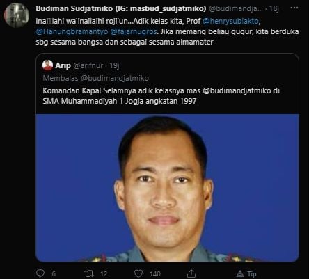 Unggahan Budiman Sudjatmiko mengenai sosok komandan Nanggala 402 yang merupakan adik kelasnya di SMA MUHI Jogja. [Budiman Sudjatmiko]