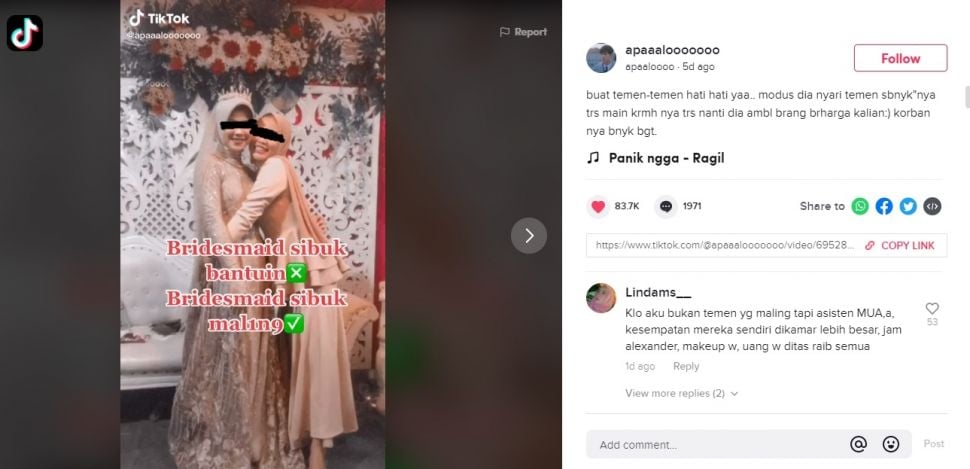 Viral Bridesmaid Sibuk Maling di Pernikahan Sahabat. (TikTok/@apaaalooooooo)