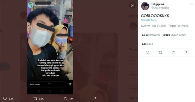 Viral cewek nekat temui pacar yang positif corona. (Twitter/@txtdarigajelas)