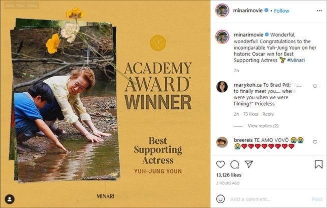 Aktris Youn Yuh Jung menang Piala Oscar berkat film "Minari". (Instagram/@minarimovie)