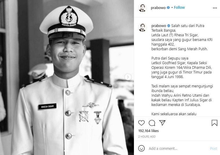 Duka Menhan Prabowo Keponakan Jadi Korban KRI Nanggala 402. (Instagram/@prabowo)