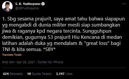 SBY Berduka Tragedi KRI Nanggala 402. (Twitter/@SBYudhoyono)