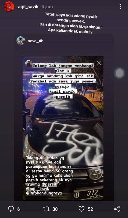 Mobil kakak Aqil Savik yang dirusak oknum Bobotoh. (Instagram/aqil_savik)