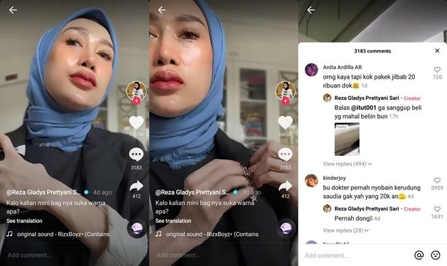 Reza Gladys dituding pakai jilbab Rp20 ribuan. (TikTok/@rezagladys)