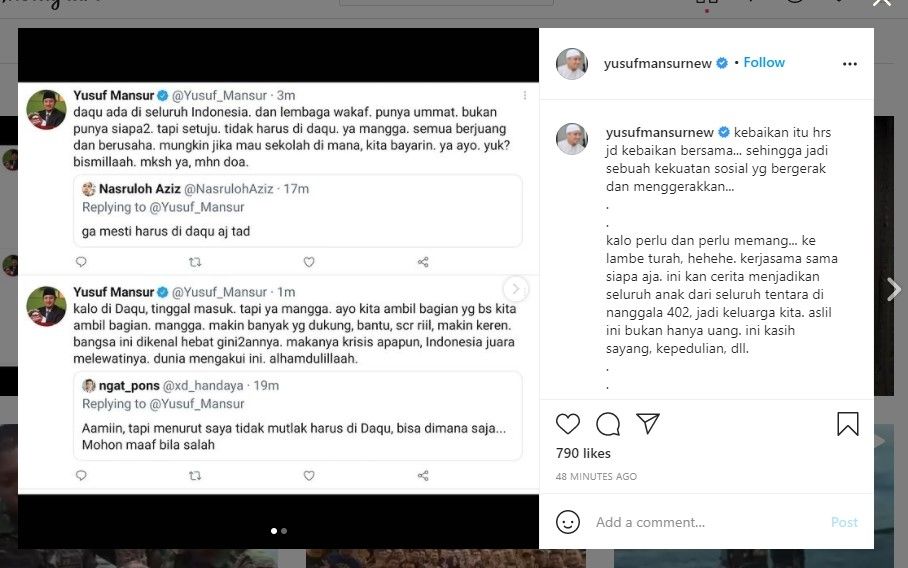 Ustaz Yusuf Mansur mau kasih beasiswa ke anak kru KRI Nanggala-402 (IG/yusufmansurnew)