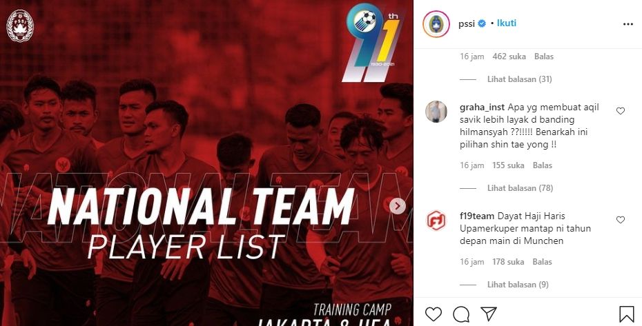 Warganet pertanyakan pemilihan pemain Timnas Indonesia di Instagram PSSI. (Instagram/@pssi).