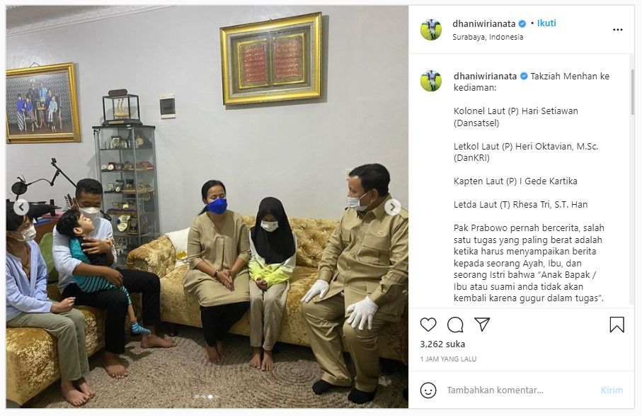 Prabowo kunjungi keluarga awak KRI Nanggala-402 gugur (Instagram/dhaniwirianata).