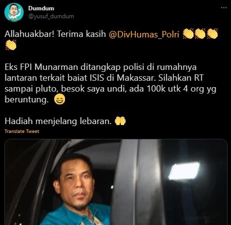 Reaksi Publik saat Munarman Ditangkap. (Twitter/@@yusuf_dumdum)