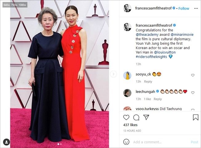 Artistic Director Louis Vuitton membagikan ulang potret Han Yeri dan Youn Yuh Jung di acara Oscar. (Instagram/@francescaamfitheatrof)