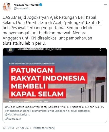 HNW usul anggaran IKN direalokasi buat pembaharuan alutsista (Twitter/hnurwahid)