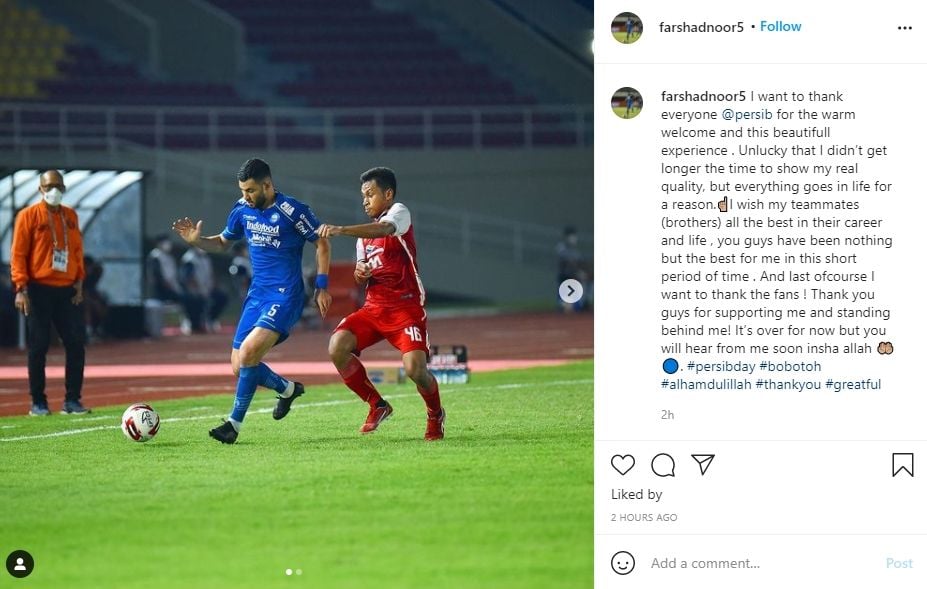 Farshad Noor pamit usai didepak Persib Bandung. (Instagram/farshadnoor5)