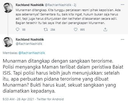 Rachland pertanyakan tindak pidana terorisme apa yang dibuat Munarman (Twitter/rachlannashidik)