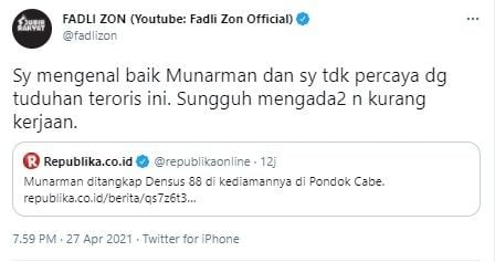 Fadli Zon tak percaya Munarman terlibat terorisme (Twitter/fadlizon)