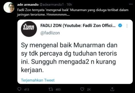 Ade Armando Sindir Fadli Zon Soal Kasus Munarman. (Twitter/@adearmando1)