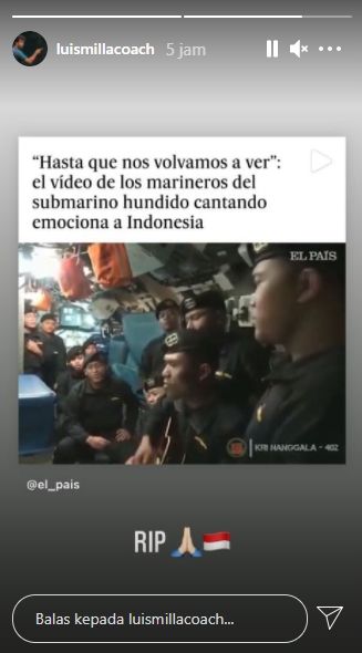 Luis Milla ikut berduka atas tenggelamnya KRI Nanggala 402. (Instagram/@luismillacoach).