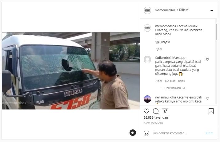 Viral pria pecahkan kaca mobil, ditantang publik (Instagram/memomedsos).