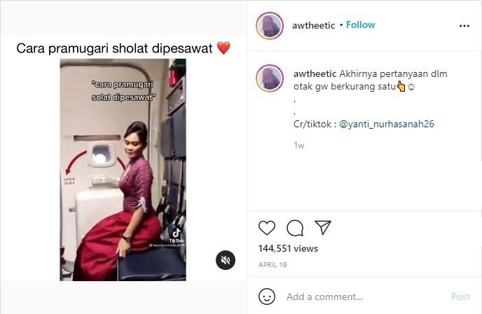 Akhirnya Netizen Bisa Tidur Nyenyak, Begini Cara Pramugari Salat di Pesawat. (Instagram/@awthetic)