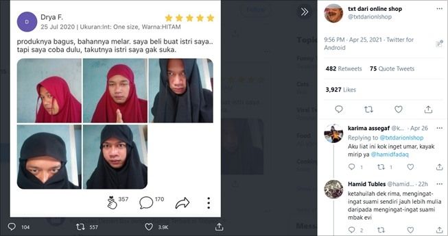 Beli Jilbab untuk Istri, Testimoni Nyeleneh dari Pria Ini Bikin Ngakak. (Twitter/@txtdarionlshop)