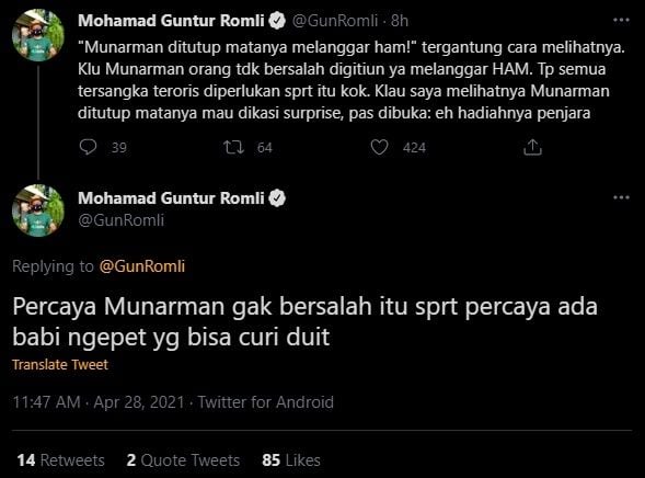 Cuitan Guntur Romli Atas Penangkapan Munarman. (Twitter/@GunRomli)