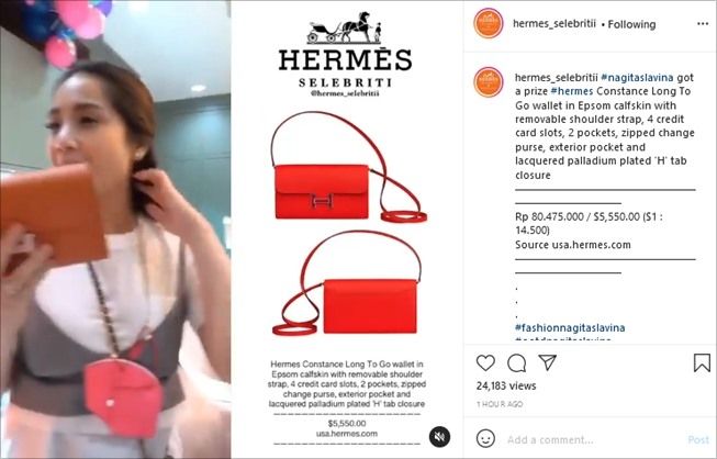 Detail harga kado bos MS Glow untuk Nagita Slavina. (Instagram/@hermes_selebritii)