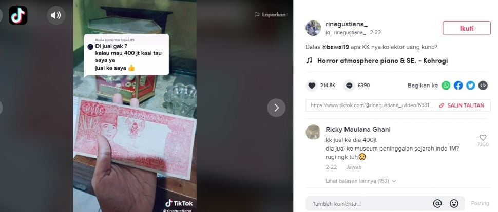 Viral Wanita Galau Uang Rp1000 Ditawar Rp400 Juta. (TikTok/@rinagustiana_)