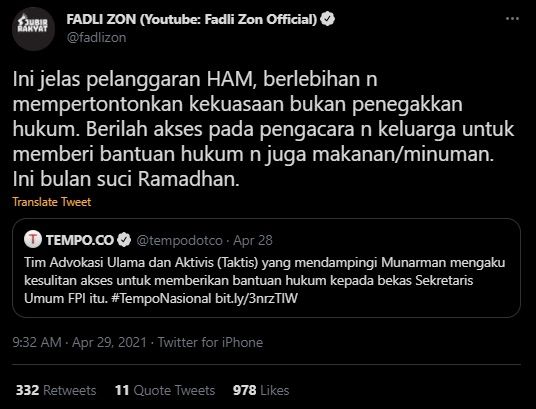 Cuitan Fadli Zon Kritik Sulitnya Akses Hukum Munarman. (Twiiter/@fadlizon)