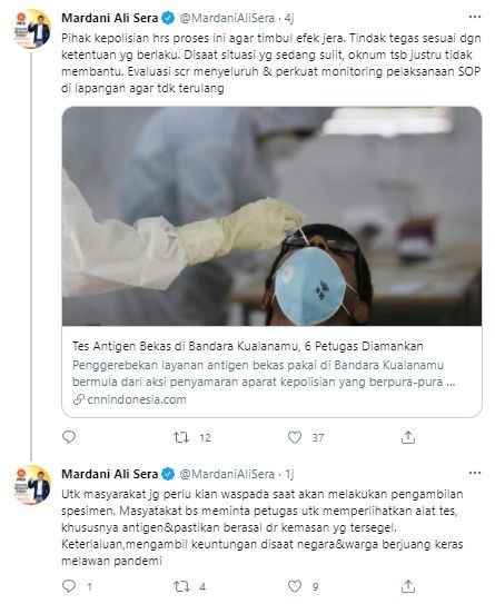 Mardani minta skandal antigen bekas dievaluasi menyeluruh (Twitter/mardanialisera)