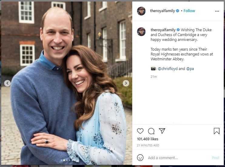 Foto Ulang Tahun Pernikahan Pangeran William dan Kate Middleton ke-10 (instagram.com/theroyalfamily)