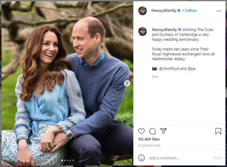 Foto Ulang Tahun Pernikahan Pangeran William dan Kate Middleton ke-10 (instagram.com/theroyalfamily)